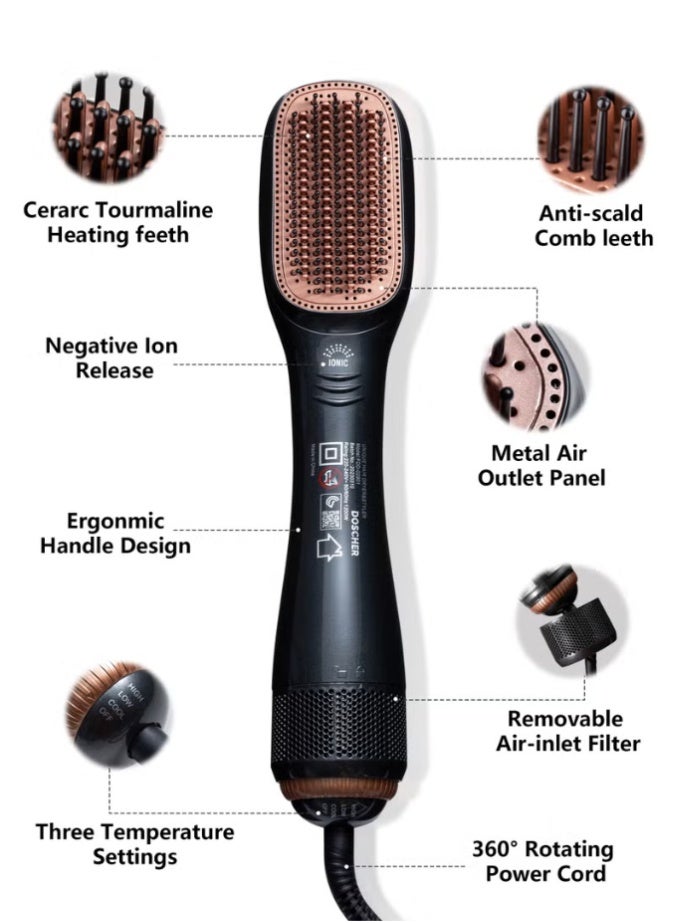 1200 Watt Hair Dryer Brush Ceramic Dryer And Styler 2 In 1 Professional Black 1200W - Image 3