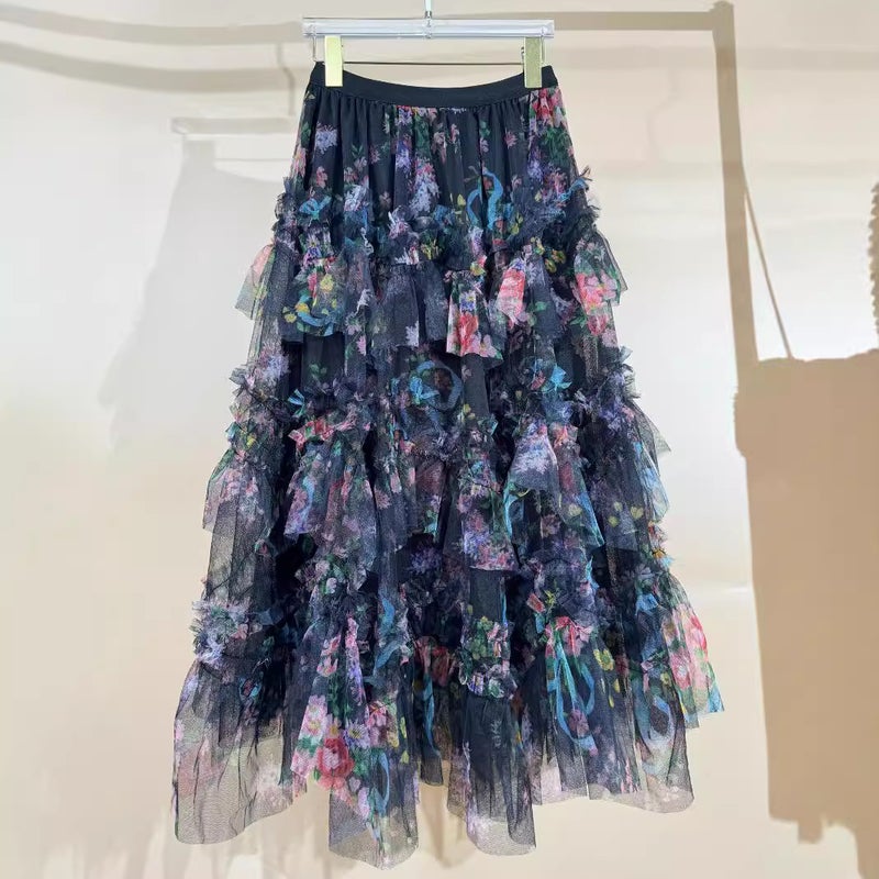 Four Seasons Commuter Oil Painting Color Heavy Industry Embroidery Flower Rainbow Cake Skirt Western-style All-match Large Long Skirt Black - Image 1