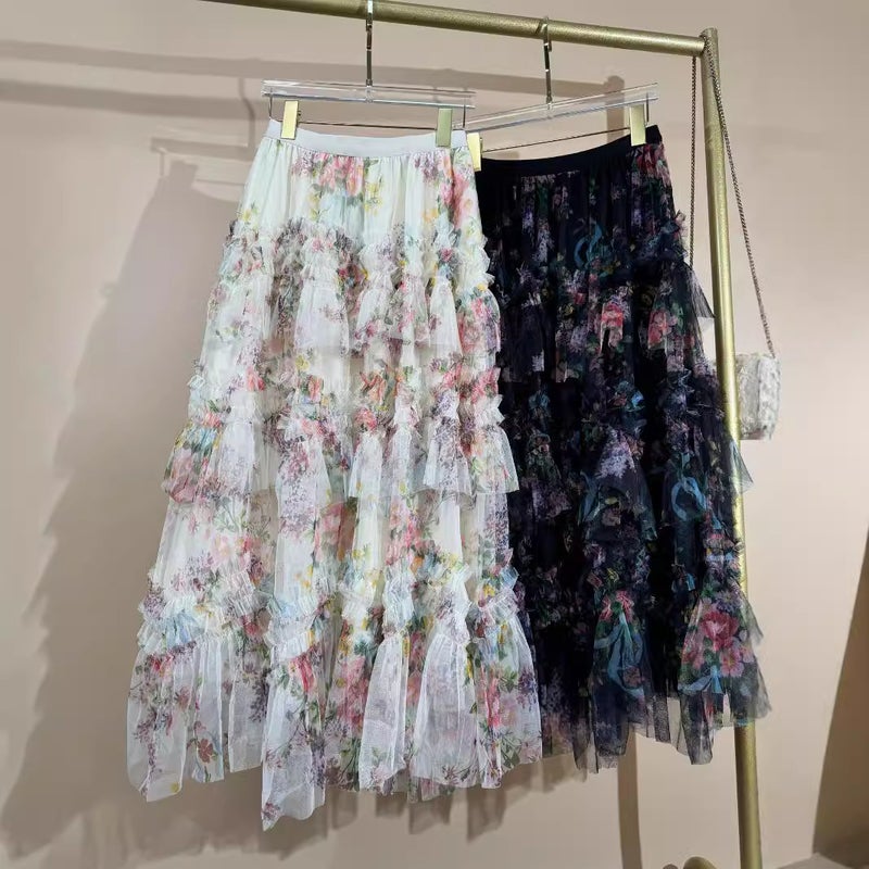 Four Seasons Commuter Oil Painting Color Heavy Industry Embroidery Flower Rainbow Cake Skirt Western-style All-match Large Long Skirt Black - Image 3