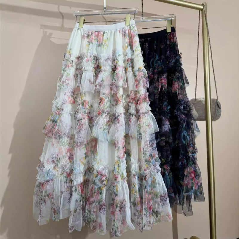 Four Seasons Commuter Oil Painting Color Heavy Industry Embroidery Flower Rainbow Cake Skirt Western-style All-match Large Long Skirt Black - Image 4