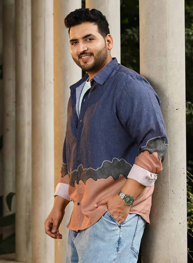 انستافاب بلس Instafab Plus Men's Blue & Brown Brushline Imprint Shirt | Spread Collar , Long Cuffed Sleeves , Button Closure , Curved Hemline | Abstract Placement Print Plain Cotton-Blend For Street & Casual Wear