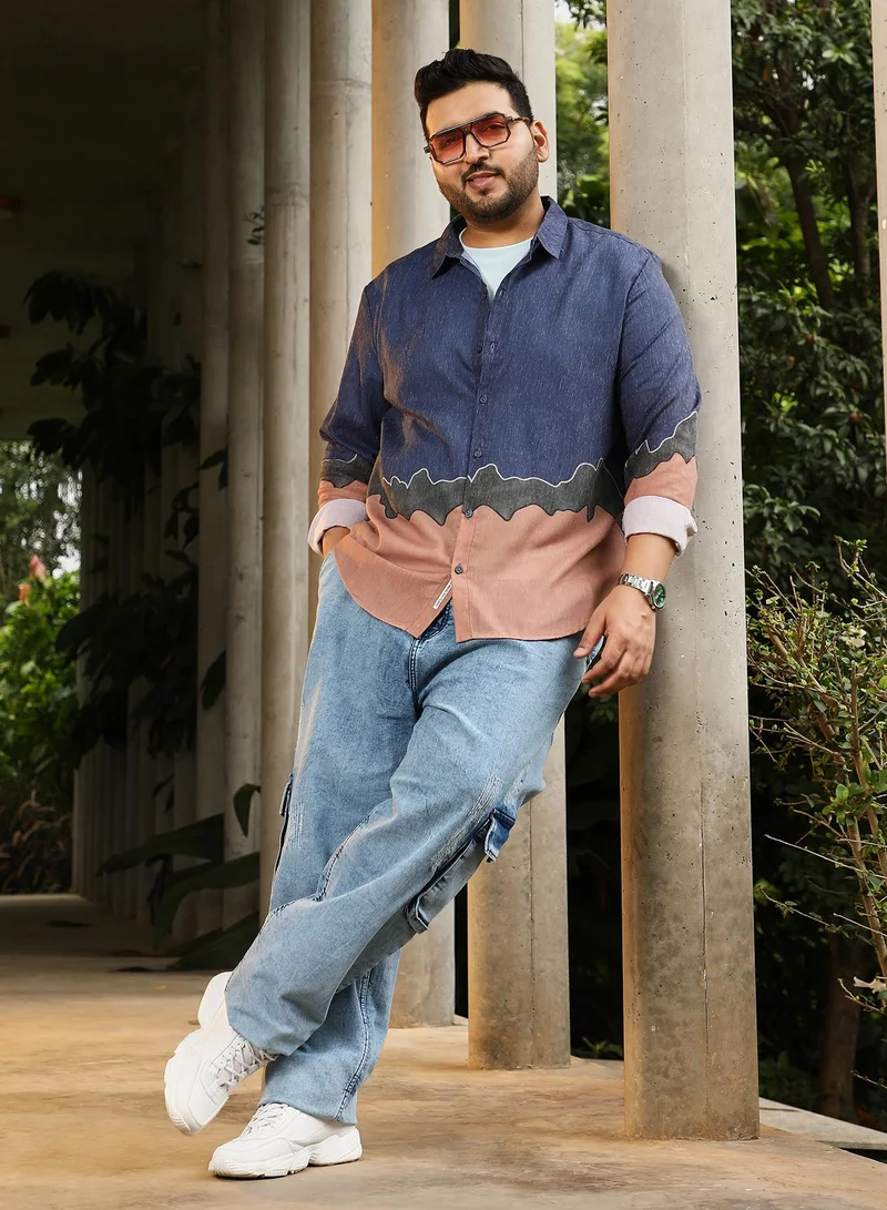 انستافاب بلس Instafab Plus Men's Blue & Brown Brushline Imprint Shirt | Spread Collar , Long Cuffed Sleeves , Button Closure , Curved Hemline | Abstract Placement Print Plain Cotton-Blend For Street & Casual Wear