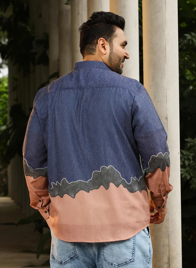 انستافاب بلس Instafab Plus Men's Blue & Brown Brushline Imprint Shirt | Spread Collar , Long Cuffed Sleeves , Button Closure , Curved Hemline | Abstract Placement Print Plain Cotton-Blend For Street & Casual Wear
