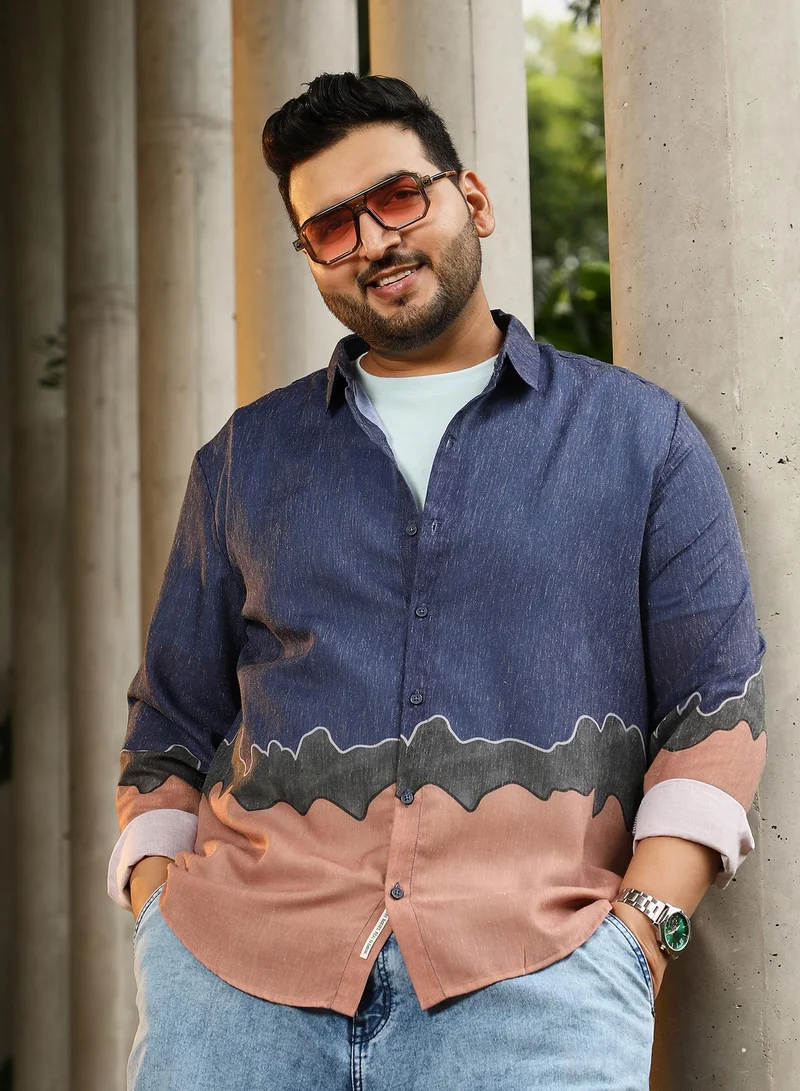 انستافاب بلس Instafab Plus Men's Blue & Brown Brushline Imprint Shirt | Spread Collar , Long Cuffed Sleeves , Button Closure , Curved Hemline | Abstract Placement Print Plain Cotton-Blend For Street & Casual Wear