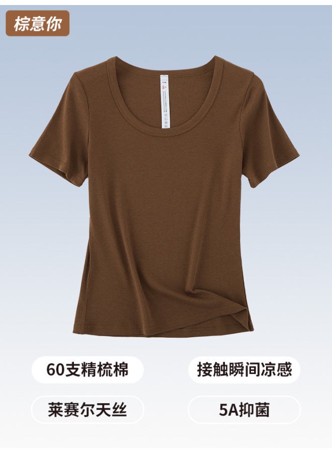 Tencel Short-sleeved Women's Summer All-match U-collar Simple Casual Slim-fit Thread Cool Breathable Solid Color Women's T-shirt For Women