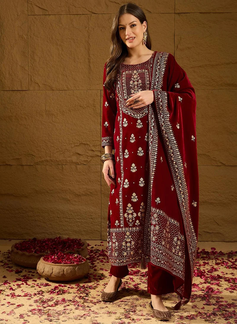 ZERESOUQ Maroon Velvet Ethnic Motifs Printed 3-Piece Suit Set