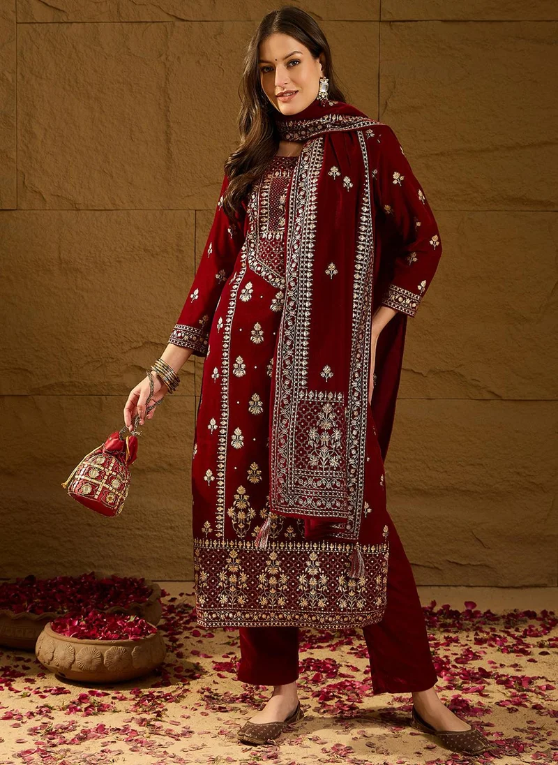 ZERESOUQ Maroon Velvet Ethnic Motifs Printed 3-Piece Suit Set