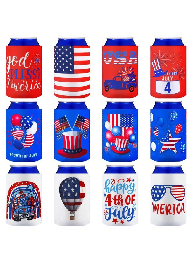 Pickmesh 12 Packs 4th of July Can Cooler Sleeve Tropical Independence Day Beer Can Covers Neoprene Can Cooler Bulk for Beer Beverages Cans Patriotic Party Memorial Day Decorations Supplies - Image 1