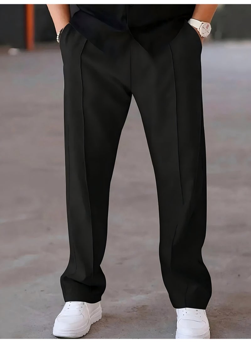 Men's Black Straight Leg Trousers Center Crease Loose Fit Casual Dress Pants - Image 1