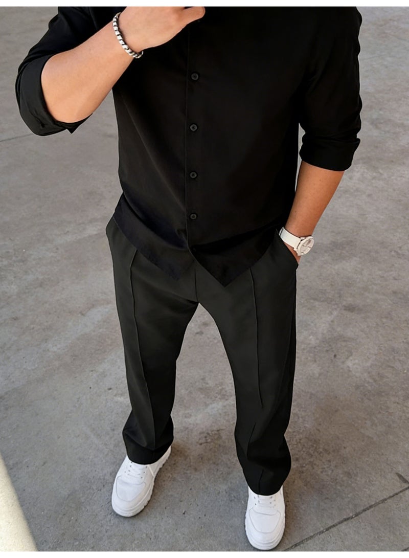 Men's Black Straight Leg Trousers Center Crease Loose Fit Casual Dress Pants - Image 3