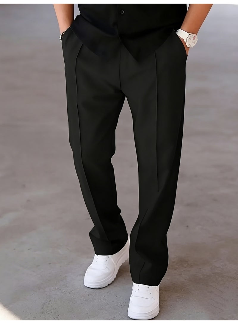 Men's Black Straight Leg Trousers Center Crease Loose Fit Casual Dress Pants - Image 1