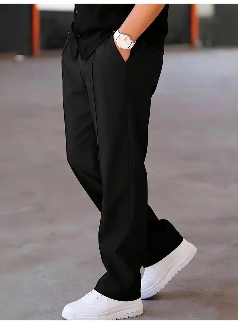 Men's Black Straight Leg Trousers Center Crease Loose Fit Casual Dress Pants - Image 2