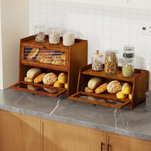 BAMBANG Bread Box for Kitchen Countertop, Extra Large Bamboo Bread Storage Container for Homemade Bread, Double Layer Sourdough Breadox, Bread Bin Organizer for Counter Cabinet Pantry, Brown - Image 4
