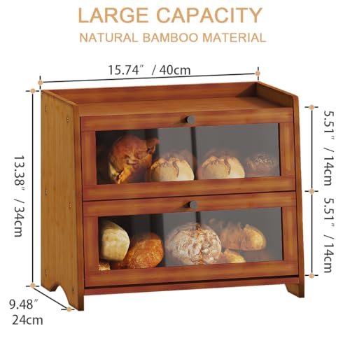 BAMBANG Bread Box for Kitchen Countertop, Extra Large Bamboo Bread Storage Container for Homemade Bread, Double Layer Sourdough Breadox, Bread Bin Organizer for Counter Cabinet Pantry, Brown - Image 2