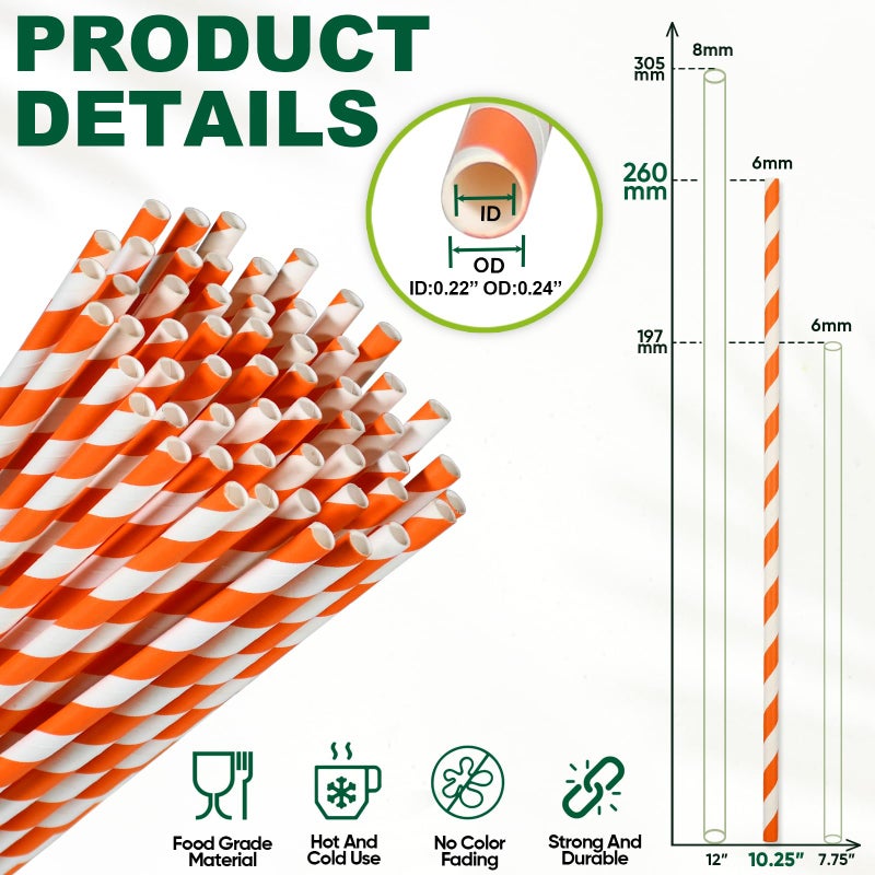 chunspak Orange Striped Paper Drinking Straws  10.25 Inch Long  100 Counts - for Tall Drinks  Halloween Party - Eco Friendly - Image 3