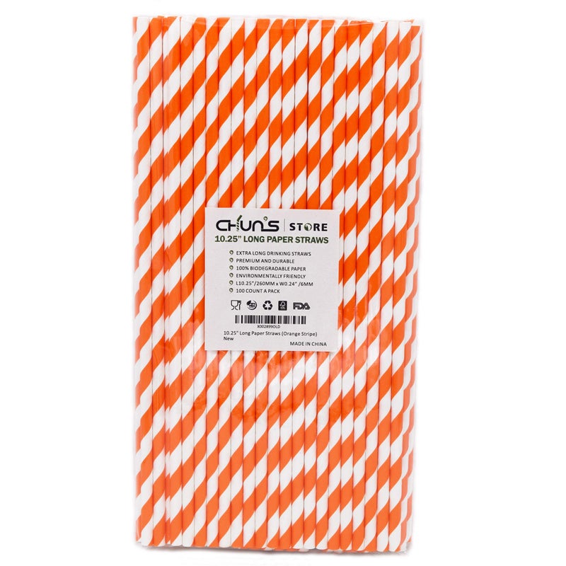 chunspak Orange Striped Paper Drinking Straws  10.25 Inch Long  100 Counts - for Tall Drinks  Halloween Party - Eco Friendly - Image 1