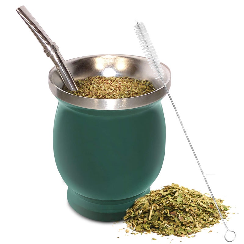 Norte Yerba Mate Cup Kit 8Ounces Traditional Mate Tea CupGourd Set Includes 2 Bombillas Yerba Mate Straw Cleaning Brush Stainless Steel Cup DoubleWalled Easy to Clean Green