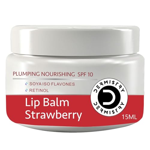 Dermistry Plumping SPF10 Glossy Strawberry Lip Balm for Dry Dark Pigmented Chapped Lips with Shea Butter, Retinol, Coconut Oil Provides Sun Protection, Dark Black Pigmentation Remover Men Women 15ml - Image 1