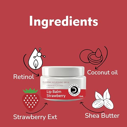 Dermistry Plumping SPF10 Glossy Strawberry Lip Balm for Dry Dark Pigmented Chapped Lips with Shea Butter, Retinol, Coconut Oil Provides Sun Protection, Dark Black Pigmentation Remover Men Women 15ml - Image 3