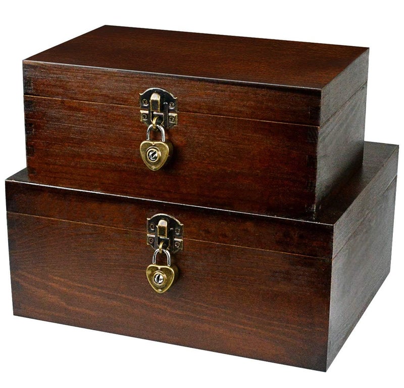 BigHala Wood Keepsake Boxes with Lock and Keys Handcrafted Decorative Wooden Storage Case Cabinet Container Hinged Lid Country Rustic Style Organizer for Trinkets Gift Card Collection Coffee Color 2 Pack - Image 2