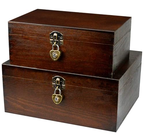 BigHala Wood Keepsake Boxes with Lock and Keys Handcrafted Decorative Wooden Storage Case Cabinet Container Hinged Lid Country Rustic Style Organizer for Trinkets Gift Card Collection Coffee Color 2 Pack - Image 1
