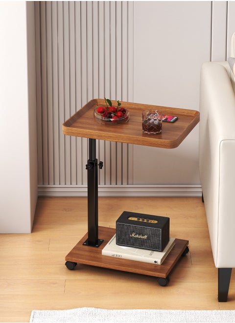 Height Adjustable End Table,Wooden C Shaped Sofa Side Table For Living Room Bedroom With Wheels,Rolling Coffee Corner Table With Metal Frame For Small Space，360° Rotatable, Easy To Install