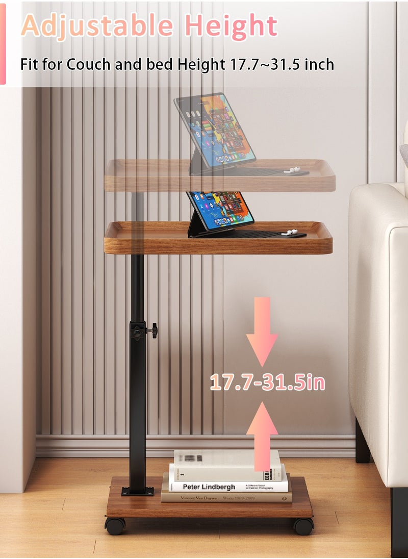 Sinyin - Height Adjustable End Table,Wooden C Shaped Sofa Side Table For Living Room Bedroom With Wheels,Rolling Coffee Corner Table With Metal Frame For Small Space，360° Rotatable, Easy To Install - Image 1