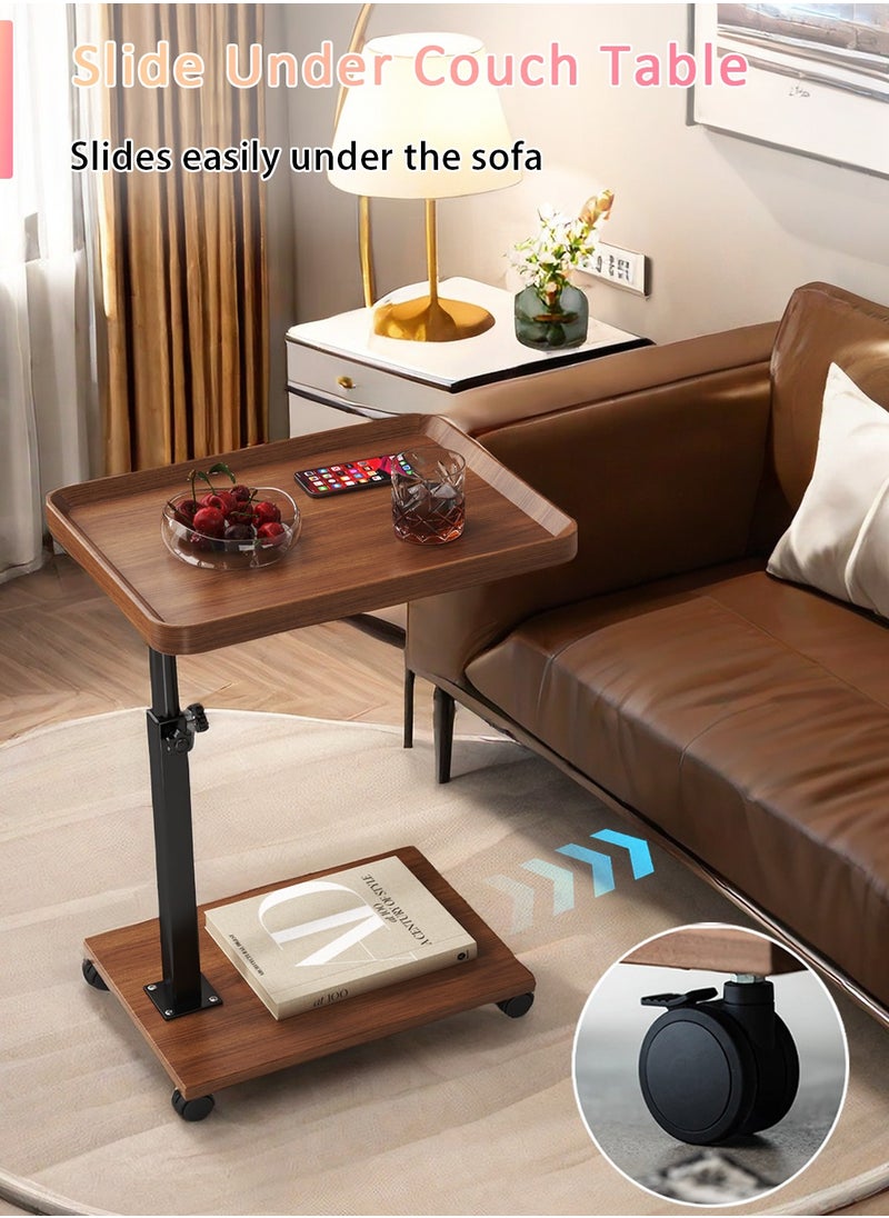Sinyin - Height Adjustable End Table,Wooden C Shaped Sofa Side Table For Living Room Bedroom With Wheels,Rolling Coffee Corner Table With Metal Frame For Small Space，360° Rotatable, Easy To Install - Image 1