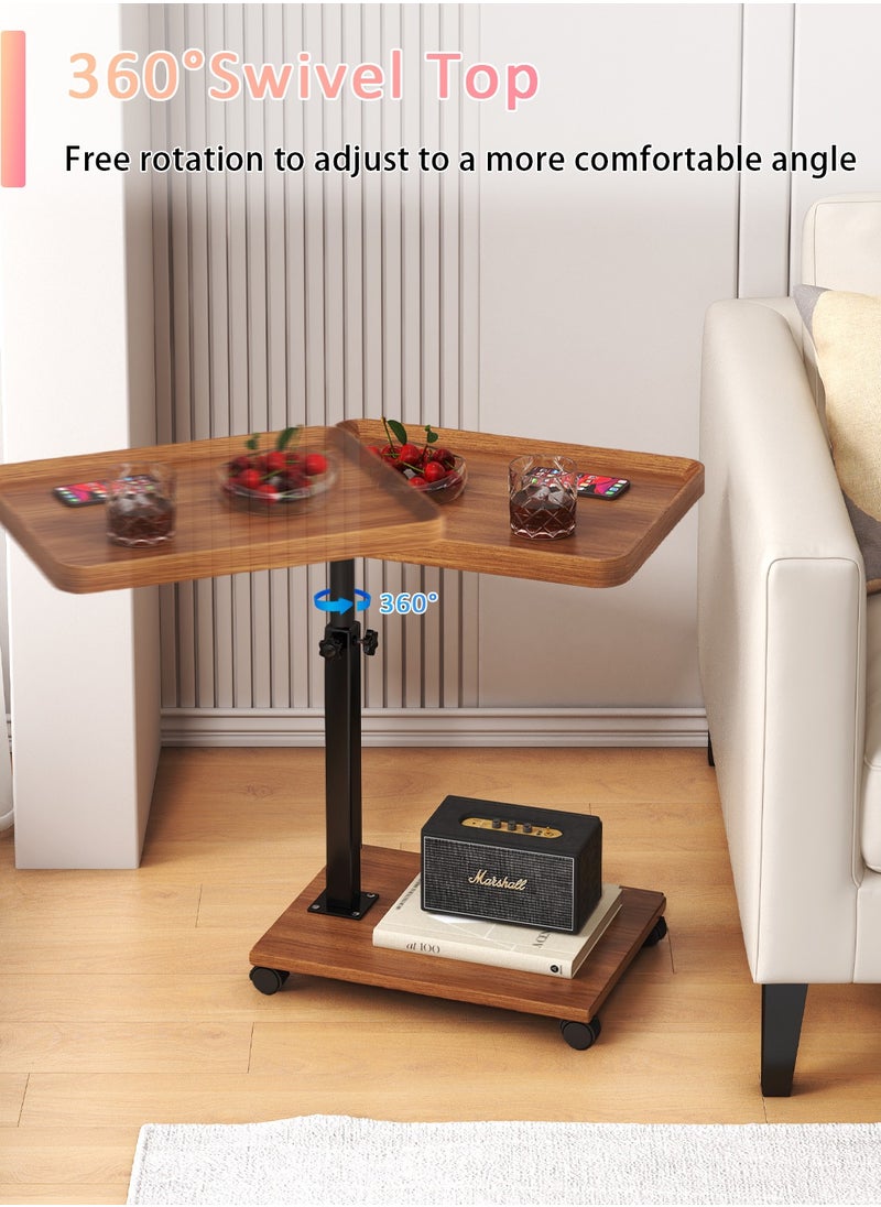 Sinyin - Height Adjustable End Table,Wooden C Shaped Sofa Side Table For Living Room Bedroom With Wheels,Rolling Coffee Corner Table With Metal Frame For Small Space，360° Rotatable, Easy To Install - Image 1