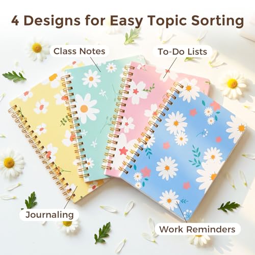 BOOKNOW 4PCS Mini Spiral Notebooks, A6 Small Line College Ruled Pocket Notepads Cute Flower Hardcover Notebooks for Girls Women Gift School Office Journals Supplies, 4.1x 5.8 Inch, 640 Pages - Image 2