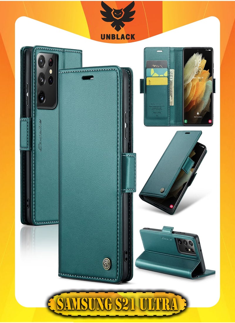CaseMe Flip Wallet Case For Samsung Galaxy S21 Ultra, [RFID Blocking] PU Leather Wallet Flip Folio Case with Card Holder Kickstand Shockproof Phone Cover (Green)  - Image 1