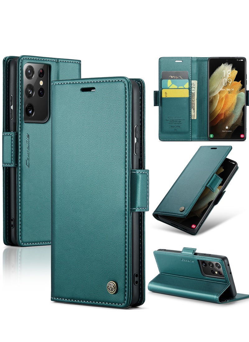 CaseMe Flip Wallet Case For Samsung Galaxy S21 Ultra, [RFID Blocking] PU Leather Wallet Flip Folio Case with Card Holder Kickstand Shockproof Phone Cover (Green)  - Image 2