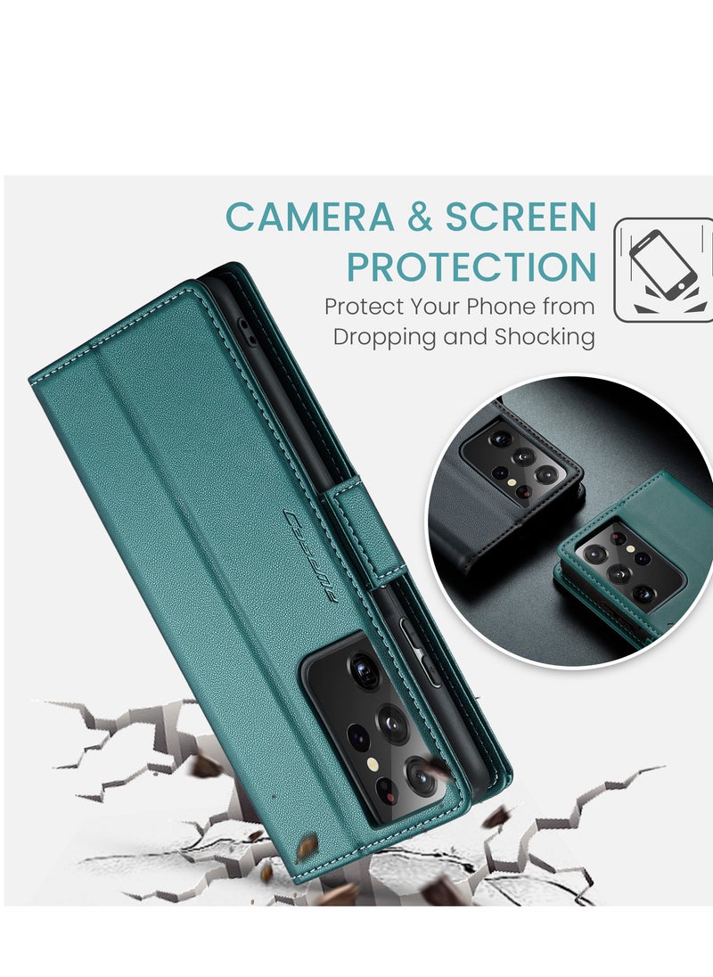 CaseMe Flip Wallet Case For Samsung Galaxy S21 Ultra, [RFID Blocking] PU Leather Wallet Flip Folio Case with Card Holder Kickstand Shockproof Phone Cover (Green)  - Image 4