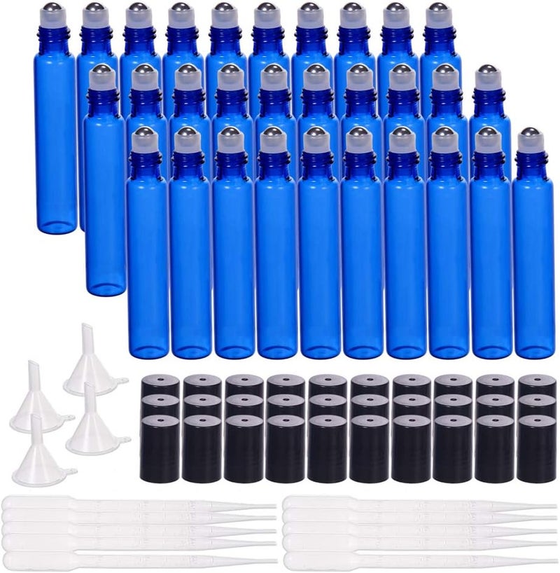 BENECREAT 30 x 10 ml Cobalt Blue Glass Roller Bottles with Stainless Steel Balls, 10 x Pipettes and 4 x Funnel for Oils - Image 1