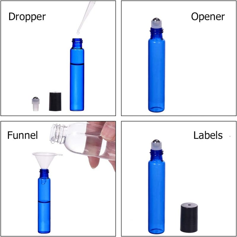 BENECREAT 30 x 10 ml Cobalt Blue Glass Roller Bottles with Stainless Steel Balls, 10 x Pipettes and 4 x Funnel for Oils - Image 3
