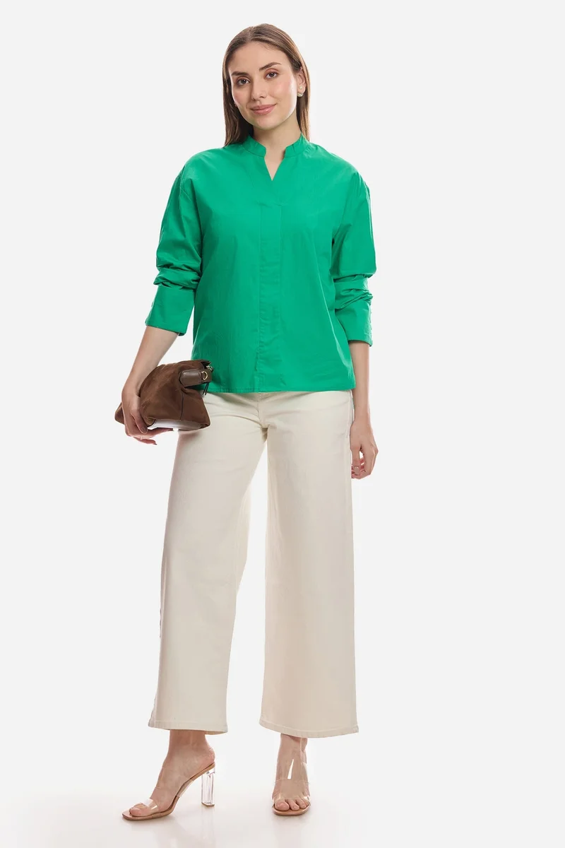 فيرجيو Solid Cotton Boxy Mock Placket Tunic for Women