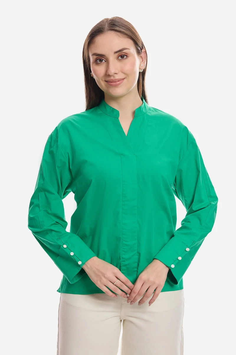 فيرجيو Solid Cotton Boxy Mock Placket Tunic for Women