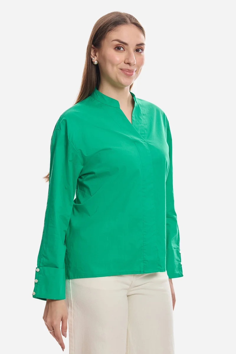 Virgio Green Solid Cotton Boxy Mock Placket Tunic for Women for Women | Best Price UAE