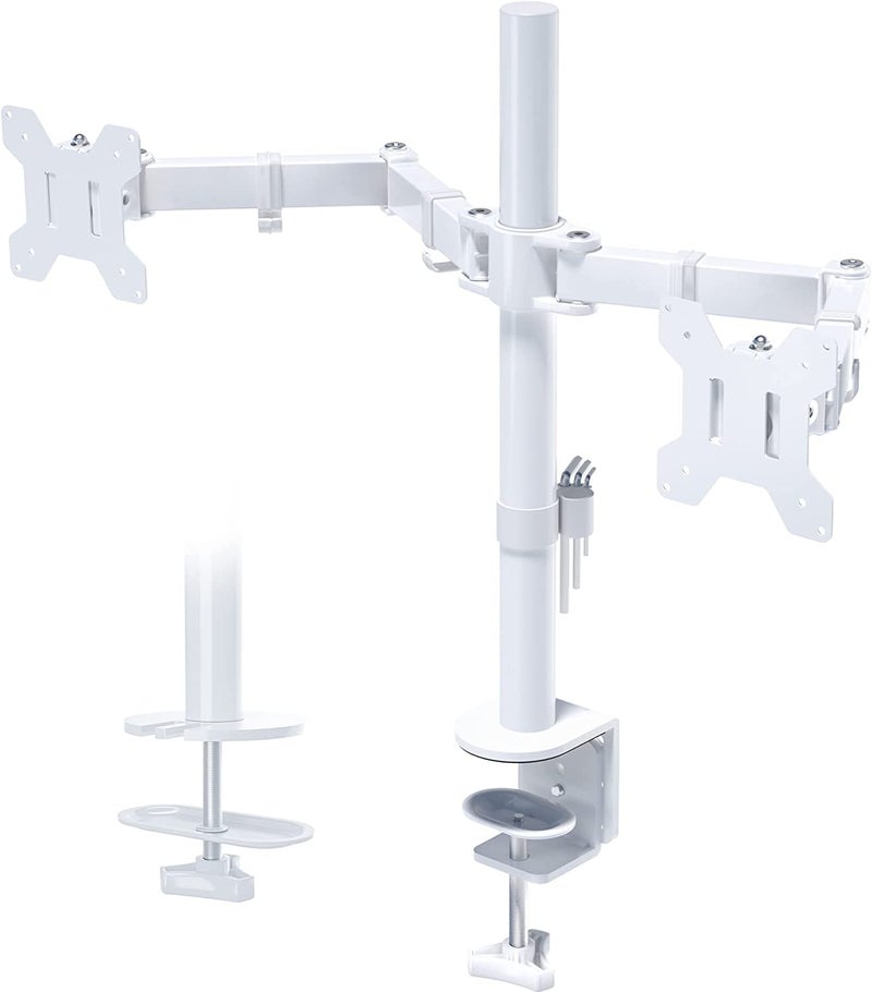 BONTEC Dual Monitor Desk Mount, Full Motion Adjustable White Monitor Stand for 13â€“27 Inch Screens, Heavy Duty Arms Hold 22 lbs Each, VESA 75x75/100x100, C Clamp and Grommet Base, Cable Management - Image 1