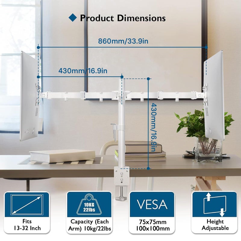 BONTEC Dual Monitor Desk Mount, Full Motion Adjustable White Monitor Stand for 13â€“27 Inch Screens, Heavy Duty Arms Hold 22 lbs Each, VESA 75x75/100x100, C Clamp and Grommet Base, Cable Management - Image 3