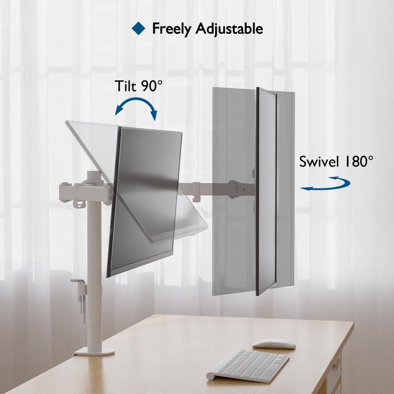 BONTEC Dual Monitor Desk Mount, Full Motion Adjustable White Monitor Stand for 13â€“27 Inch Screens, Heavy Duty Arms Hold 22 lbs Each, VESA 75x75/100x100, C Clamp and Grommet Base, Cable Management - Image 4