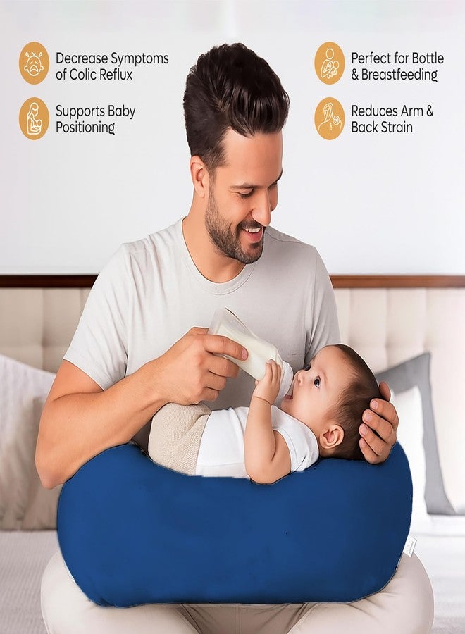 ADMIRAE 5in1 Baby Feeding Pillow with 100% Cotton Removable Cover | Breastfeeding & Bottle Feeding Support Cushion for Newborns & Moms | Nursing Pillow with Belt, Hoop & Utility Pocket - Blue Velvet - Image 5