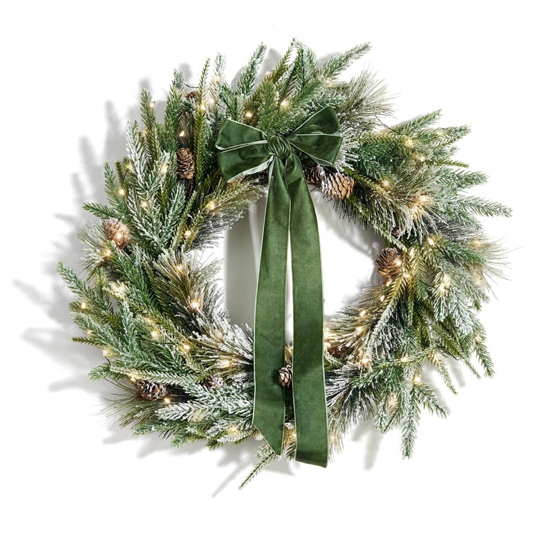 LampLust Cypress Christmas Wreath with Lights 22 Inch Wreath with 100 Battery Operated LED Lights and Velvet Bow Winter Wreaths for Front Door Christmas Decorations Holiday Decor