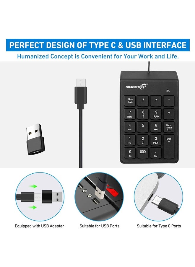 سوبي بيتر لوحة أرقام سلكية، لوحة مفاتيح رقمية USB مكونة من 19 مفتاحًا، لوحة مفاتيح رقمية لأجهزة الكمبيوتر المحمولة والكمبيوتر المحمول، أحرف كبيرة مطبوعة لأجهزة الكمبيوتر المحمولة والكمبيوتر المكتبي والكمبيوتر المحمول - أسود  - Image 3