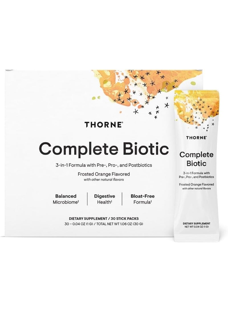 Thorne Complete biotic - 3-in-1 formula with pre-, pro-, and postbiotics, Frosted orange flavored with other natural flavors, Balanced microbiome, Digestive health, Bloat-free formula | Dietary supplement/30 stick packs 30-0.04 oz (1 g) / Total Net WT 1.06 Oz (30G)  - Image 1