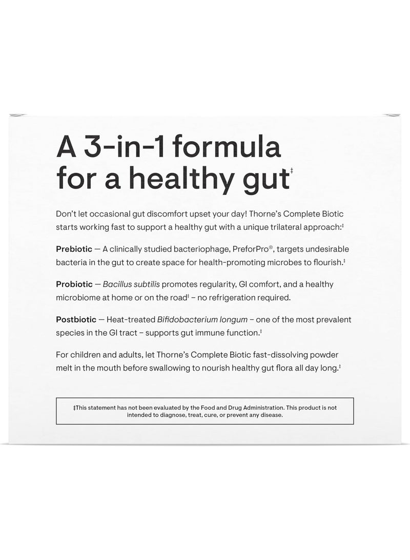 Thorne Complete biotic - 3-in-1 formula with pre-, pro-, and postbiotics, Frosted orange flavored with other natural flavors, Balanced microbiome, Digestive health, Bloat-free formula | Dietary supplement/30 stick packs 30-0.04 oz (1 g) / Total Net WT 1.06 Oz (30G)  - Image 4