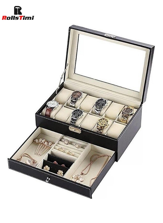 رولستيمي 12 فتحات ووتش حالة مع مجوهرات درج قابل للقفل ووتش مجوهرات مربع للنساء الرجال مجوهرات عرض حالة جلدية ووتش المنظم مع الزجاج أعلى 2 طبقات ووتش والمجوهرات مربع للتخزين - Image 1