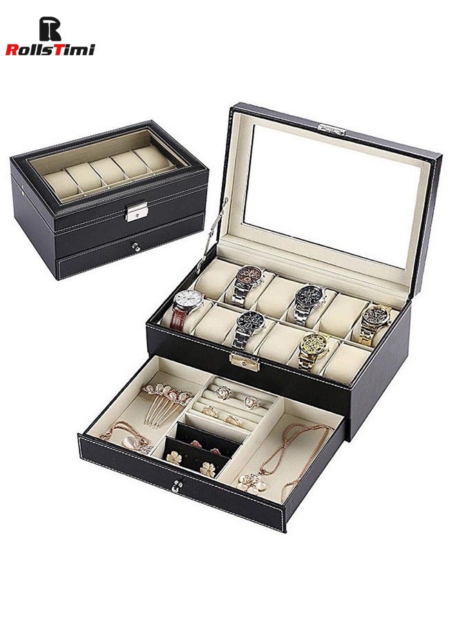 رولستيمي 12 فتحات ووتش حالة مع مجوهرات درج قابل للقفل ووتش مجوهرات مربع للنساء الرجال مجوهرات عرض حالة جلدية ووتش المنظم مع الزجاج أعلى 2 طبقات ووتش والمجوهرات مربع للتخزين - Image 3