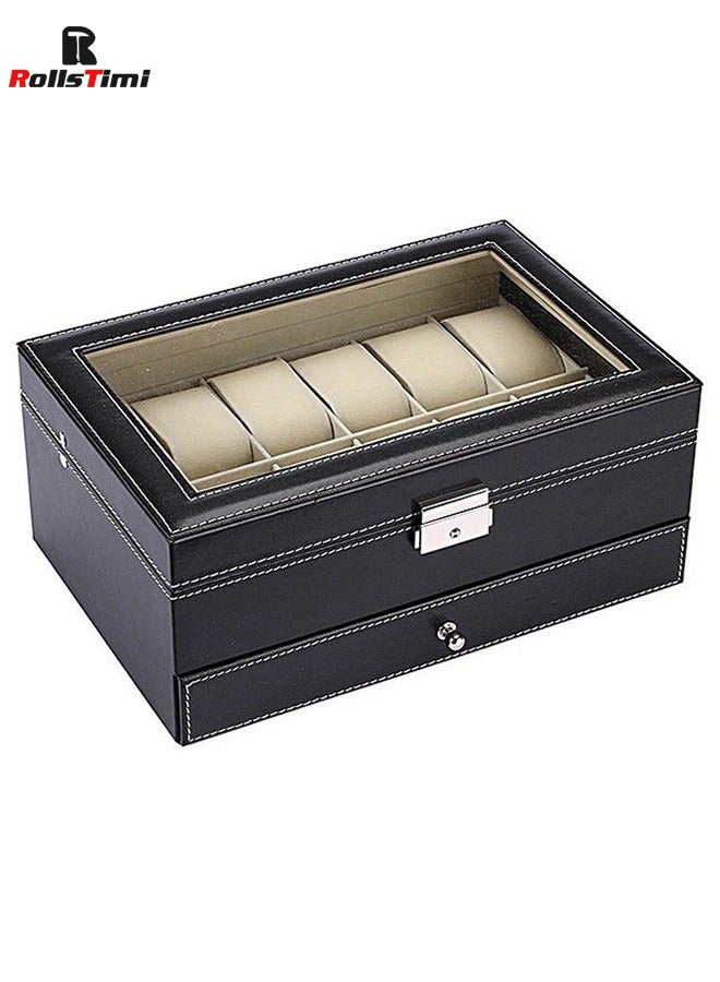 رولستيمي 12 فتحات ووتش حالة مع مجوهرات درج قابل للقفل ووتش مجوهرات مربع للنساء الرجال مجوهرات عرض حالة جلدية ووتش المنظم مع الزجاج أعلى 2 طبقات ووتش والمجوهرات مربع للتخزين - Image 4