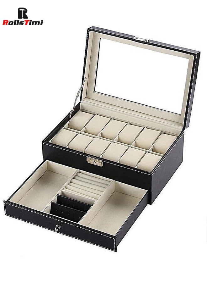 رولستيمي 12 فتحات ووتش حالة مع مجوهرات درج قابل للقفل ووتش مجوهرات مربع للنساء الرجال مجوهرات عرض حالة جلدية ووتش المنظم مع الزجاج أعلى 2 طبقات ووتش والمجوهرات مربع للتخزين - Image 5